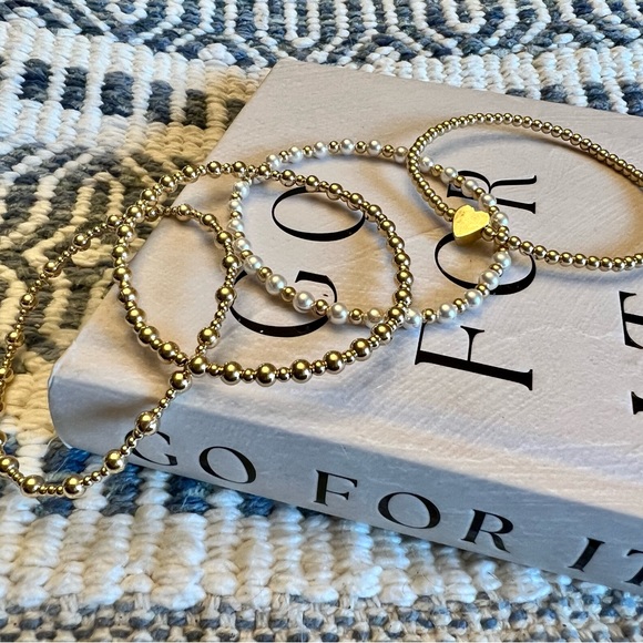 Set of 3 14k Gold Filled Bead Bracelets: Two 2mm & One 3mm w/Heart Charm - Picture 6 of 8